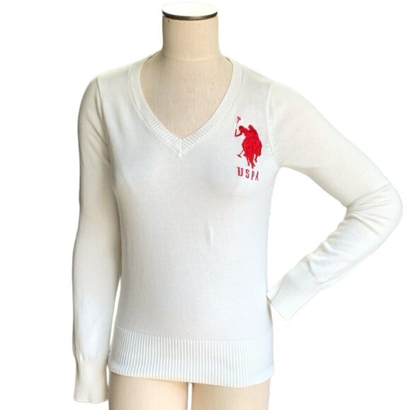 US Polo Assn White V-Neck Sweater Sz Juniors L #68A - Picture 1 of 9